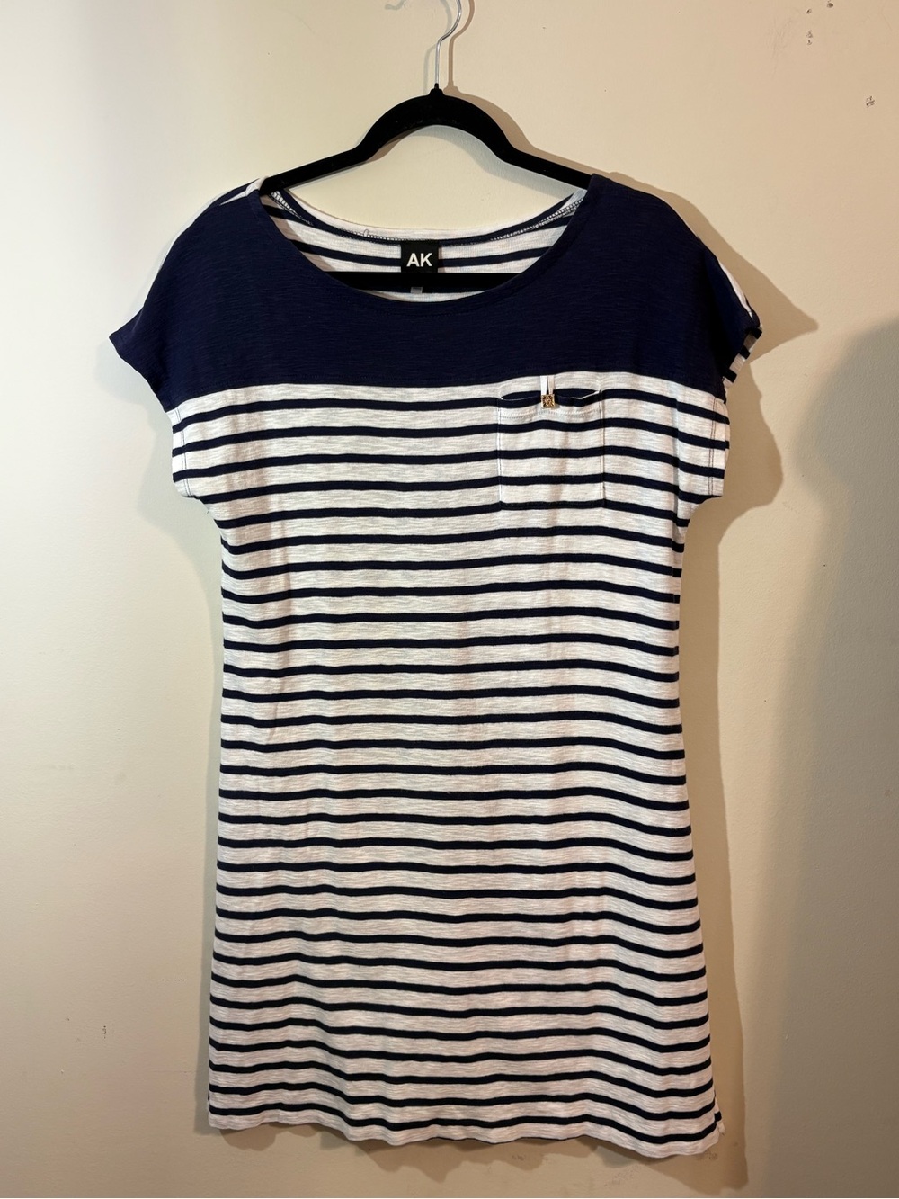 AK Anne Klein navy white striped t-shirt dress w/ chest pocket cap sleeves small